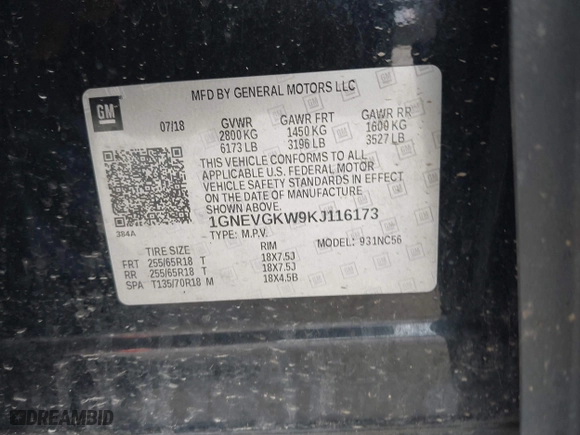2019 Chevrolet Traverse LT Cloth with VIN 1GNEVGKW9KJ116173, listed as a IAAI auction lot 41757912 with 134,166 mi miles. Bid and sale history available at carsss.com. Image 9.