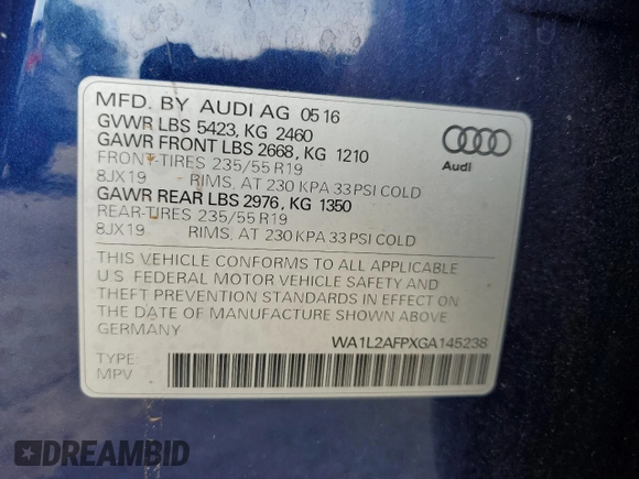 2016 Audi Q5 Premium Plus z VIN WA1L2AFPXGA145238, wystawiony jako Copart lot #56550615 z przebiegiem 127 433 mil mil oraz Szkoda całkowita • Salvage title. Historia ofert i sprzedaży dostępna na DreamBid. Obrazek 12.
