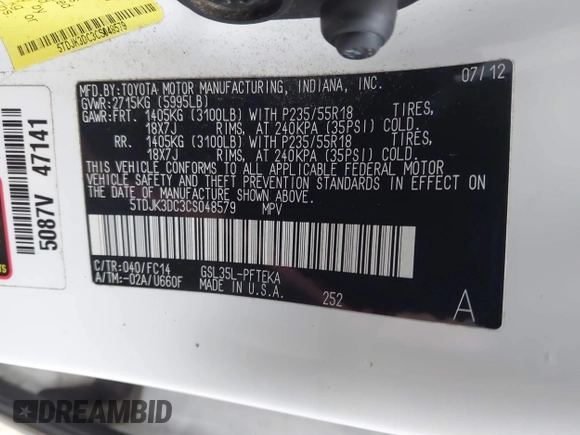 2012 Toyota Sienna LE with VIN 5TDJK3DC3CS048579, listed as a IAAI auction lot 41055074 with 202,791 mi miles. Bid and sale history available at carsss.com. Image 9.