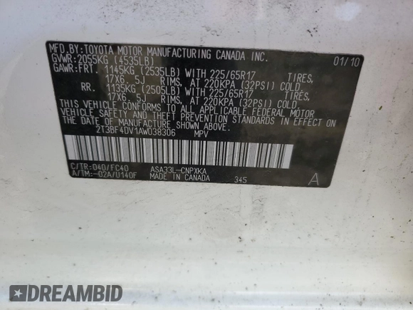 2010 Toyota RAV4 with VIN 2T3BF4DV1AW038306, listed as a Copart auction lot 54094435 with 234,114 mi miles and Clean Title. Bid and sale history available at carsss.com. Image 13.