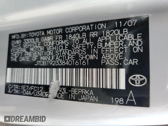 2008 Toyota Yaris with VIN JTDBT923384016161, listed as a Copart auction lot 52302815 with 236,036 mi miles and Clean Title. Bid and sale history available at carsss.com. Image 12.