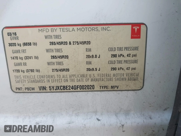 2016 Tesla Model X 70D with VIN 5YJXCBE24GF002020, listed as a IAAI auction lot 41799528 with 149,556 mi miles. Bid and sale history available at carsss.com. Image 9.