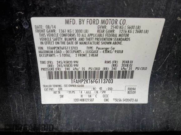 2015 Ford Taurus SHO with VIN 1FAHP2KT6FG113703, listed as a Copart auction lot 48583915 with 102,407 mi miles and Salvage Title. Bid and sale history available at DreamBid. Image 12.