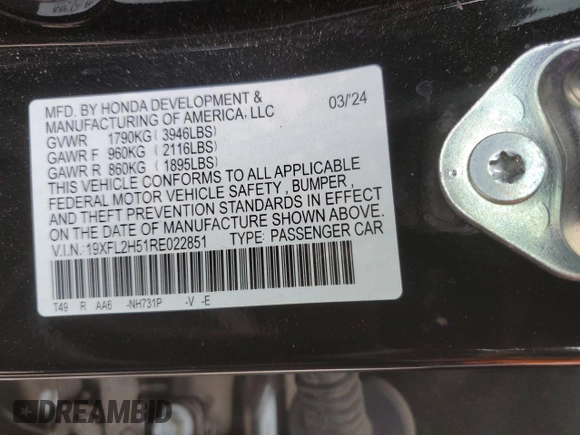 2024 Honda Civic LX z VIN 19XFL2H51RE022851, wystawiony jako Copart lot #54710105 z przebiegiem 16 873 mil mil oraz Szkoda całkowita • Salvage title. Historia ofert i sprzedaży dostępna na DreamBid. Obrazek 13.