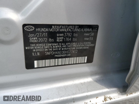 2011 Hyundai Elantra Limited z VIN 5NPDH4AE0BH027412, wystawiony jako Copart lot #58574475 z przebiegiem 141 620 mil mil oraz Szkoda całkowita • Salvage title. Historia ofert i sprzedaży dostępna na DreamBid. Obrazek 12.