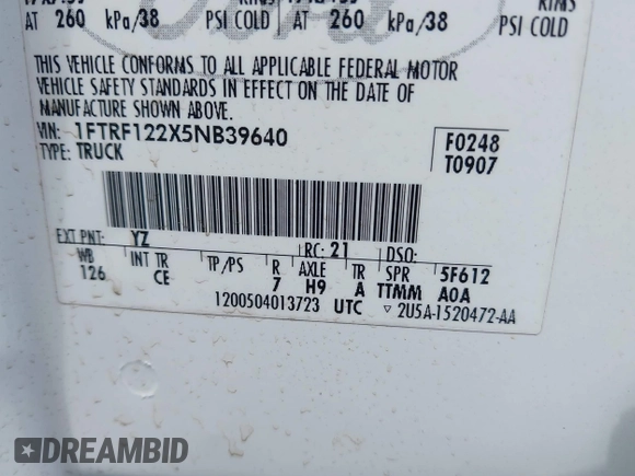 2005 Ford F-150 XL с VIN 1FTRF122X5NB39640, выставлен на аукционе IAAI как лот 42460270 с пробегом 276 631 миль миль и . История ставок и продаж доступна на DreamBid. Изображение 9.