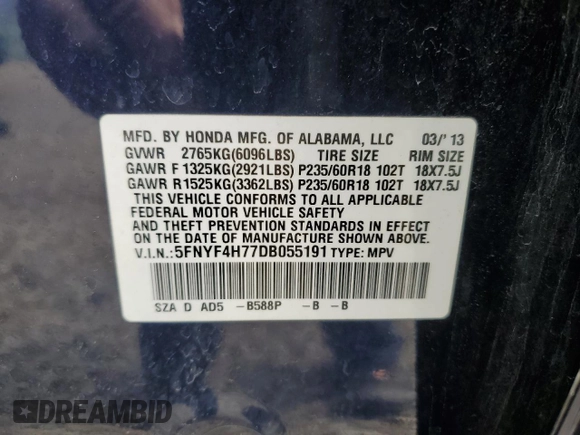 2013 Honda Pilot EX-L с VIN 5FNYF4H77DB055191, выставлен на аукционе Copart как лот 49885265 с пробегом 123 179 миль миль и Списание • Salvage title. История ставок и продаж доступна на DreamBid. Изображение 13.