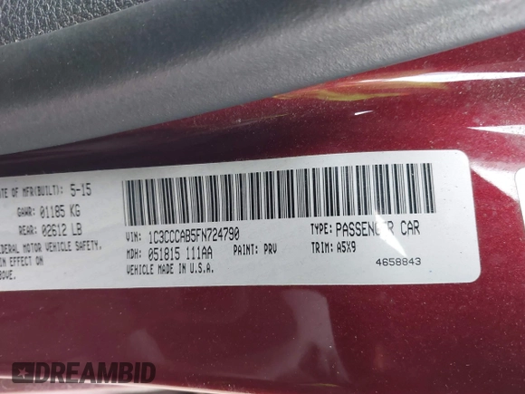 2015 Chrysler 200 Limited with VIN 1C3CCCAB5FN724790, listed as a IAAI auction lot 41602194 with 93,708 mi miles. Bid and sale history available at carsss.com. Image 9.