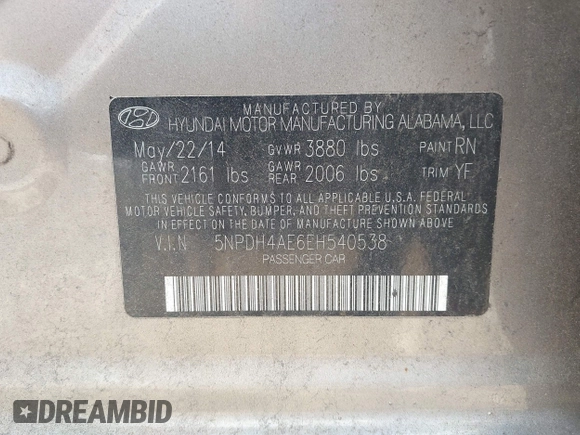 2014 Hyundai Elantra SE z VIN 5NPDH4AE6EH540538, wystawiony jako IAAI lot #42234915 z przebiegiem 94 297 mil mil oraz . Historia ofert i sprzedaży dostępna na DreamBid. Obrazek 9.