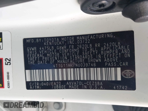 2022 Toyota Camry SE with VIN 4T1G11AK7NU039746, listed as a IAAI auction lot 41901908 with 18,839 mi miles and . Bid and sale history available at DreamBid. Image 9.