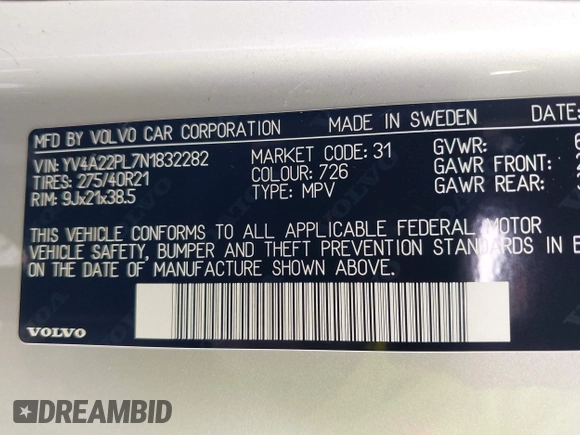 2022 Volvo XC90 Inscription with VIN YV4A22PL7N1832282, listed as a IAAI auction lot 41749825 with 36,836 mi miles and . Bid and sale history available at DreamBid. Image 9.