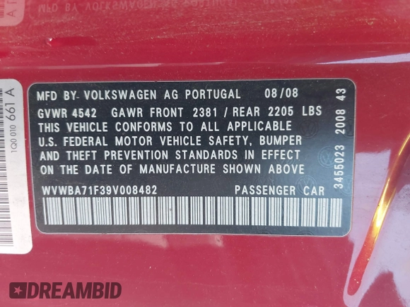 2009 Volkswagen Eos Komfort with VIN WVWBA71F39V008482, listed as a IAAI auction lot 42047734 with 109,307 mi miles and . Bid and sale history available at DreamBid. Image 9.