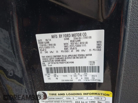 2014 Ford F-150 XL with VIN 1FTFW1ET6EFC83106, listed as a IAAI auction lot 41810871 with 121,987 mi miles. Bid and sale history available at carsss.com. Image 9.