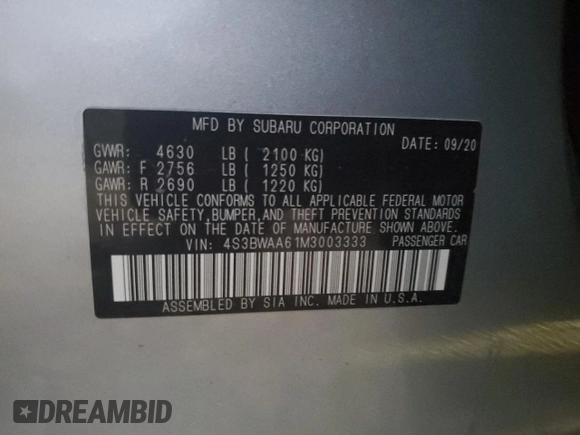 2021 Subaru Legacy with VIN 4S3BWAA61M3003333, listed as a Copart auction lot 83045804 with 69,281 mi miles and Salvage title. Bid and sale history available at DreamBid. Image 12.