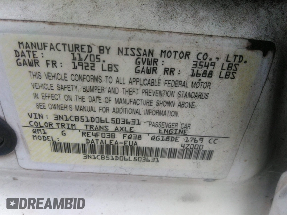 2006 Nissan Sentra S z VIN 3N1CB51D06L503631, wystawiony jako IAAI lot #42411629 z przebiegiem 198 884 mil mil oraz . Historia ofert i sprzedaży dostępna na DreamBid. Obrazek 9.