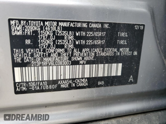 2020 Toyota RAV4 XLE with VIN 2T3P1RFV6LC083003, listed as a Copart auction lot 51905775 with 100,298 mi miles and Salvage Title. Bid and sale history available at DreamBid. Image 13.