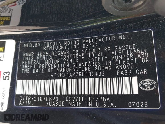 2024 Toyota Camry TRD с VIN 4T1KZ1AK7RU102403, выставлен на аукционе IAAI как лот 42044912 с пробегом Не указан миль и . История ставок и продаж доступна на DreamBid. Изображение 9.