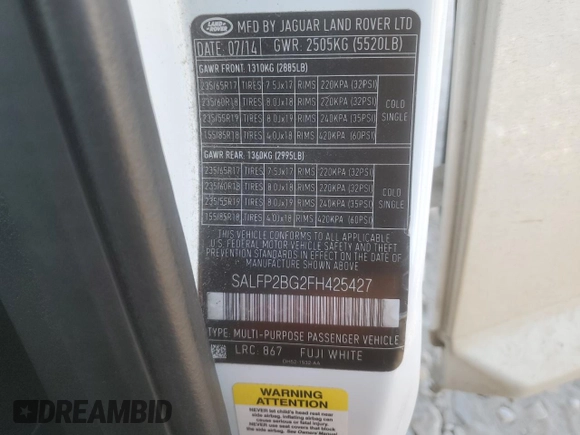 2015 Land Rover LR2 с VIN SALFP2BG2FH425427, выставлен на аукционе Copart как лот 77018534 с пробегом 132 602 миль миль и Списание • Salvage title. История ставок и продаж доступна на DreamBid. Изображение 14.