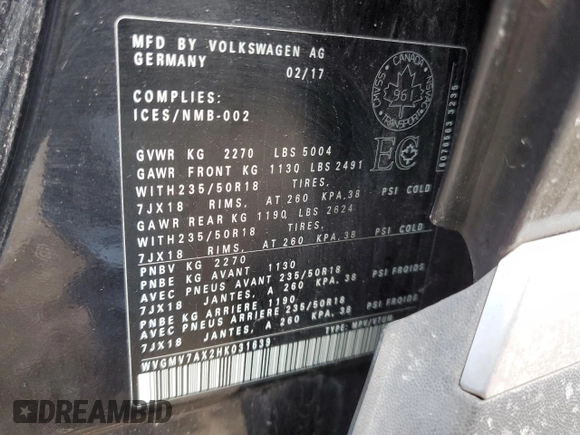 2017 Volkswagen Tiguan with VIN WVGMV7AX2HK031639, listed as a Copart auction lot 72950744 with 109,445 mi miles and Salvage title. Bid and sale history available at DreamBid. Image 13.