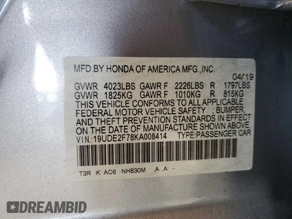 2019 Acura ILX Premium with VIN 19UDE2F78KA008414, listed as a Copart auction lot 52602515 with 57,275 mi miles and Salvage title. Bid and sale history available at DreamBid. Image 13.