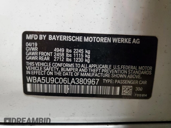 2020 BMW 3 Series M340i xDrive with VIN WBA5U9C06LA380967, listed as a Copart auction lot 68617303 with Not Provided miles and Salvage Title. Bid and sale history available at DreamBid. Image 13.