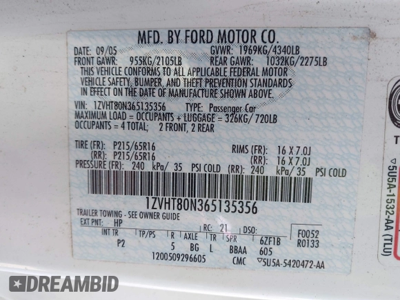 2006 Ford Mustang Standard with VIN 1ZVHT80N365135356, listed as a IAAI auction lot 41118834 with 190,401 mi miles. Bid and sale history available at carsss.com. Image 9.