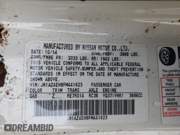 2015 Nissan 370Z with VIN JN1AZ4EH8FM441623, listed as a Copart auction lot 83181014 with 0 mi miles and Salvage Title. Bid and sale history available at carsss.com. Image 12.