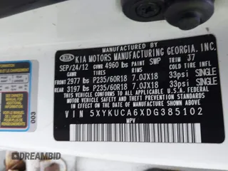 2013 Kia Sorento EX with VIN 5XYKUCA6XDG385102, listed as a IAAI auction lot 41237922 with 149,420 mi miles. Bid and sale history available at carsss.com. Image 9.
