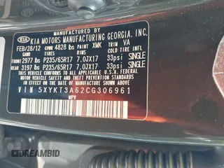 2012 Kia Sorento LX with VIN 5XYKT3A62CG306961, listed as a IAAI auction lot 41858307 with 152,344 mi miles. Bid and sale history available at carsss.com. Image 9.