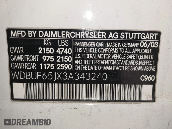 2003 Mercedes-Benz E 320 z VIN WDBUF65JX3A343240, wystawiony jako IAAI lot #41711764 z przebiegiem 128 795 mil mil oraz . Historia ofert i sprzedaży dostępna na DreamBid. Obrazek 9.