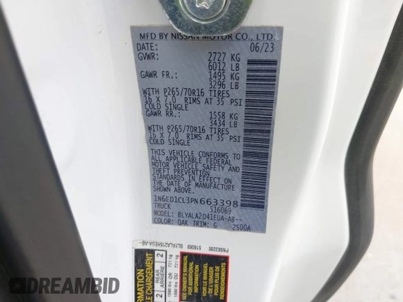 2023 Nissan Frontier S with VIN 1N6ED1CL3PN663398, listed as a IAAI auction lot 41934398 with 27,214 mi miles and . Bid and sale history available at DreamBid. Image 9.