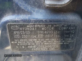 2003 Hyundai Sonata with VIN KMHWF25S93A887316, listed as a IAAI auction lot 41714217 with 299,890 mi miles. Bid and sale history available at carsss.com. Image 9.