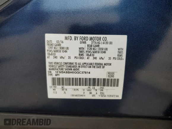2016 Ford Explorer with VIN 1FM5K8BH0GGC37814, listed as a Copart auction lot 51626275 with 33,988 mi miles and Salvage Title. Bid and sale history available at DreamBid. Image 15.