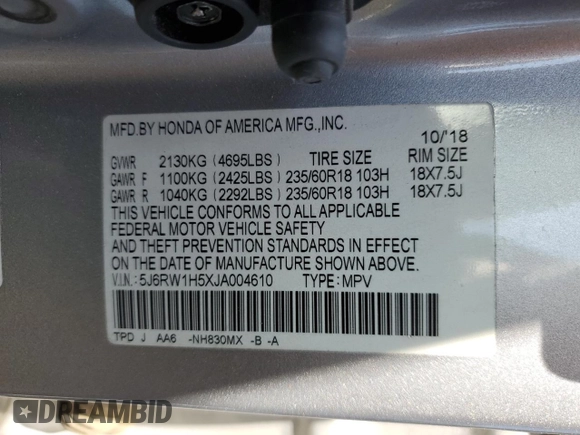 2018 Honda CR-V EX with VIN 5J6RW1H5XJA004610, listed as a Copart auction lot 52085295 with 133,017 mi miles and Salvage Title. Bid and sale history available at carsss.com. Image 13.