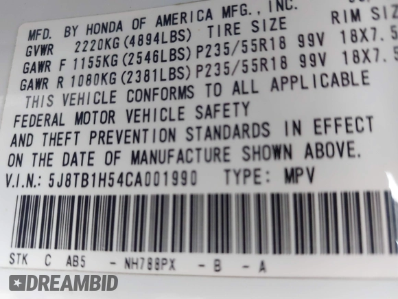 2012 Acura RDX Technology with VIN 5J8TB1H54CA001990, listed as a IAAI auction lot 41331352 with 153,347 mi miles and . Bid and sale history available at DreamBid. Image 9.