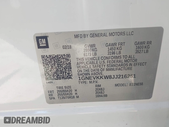 2018 Chevrolet Traverse High Country with VIN 1GNEVKKW8JJ216251, listed as a IAAI auction lot 41850824 with 85,432 mi miles and . Bid and sale history available at DreamBid. Image 9.