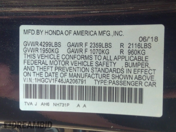2018 Honda Accord EX with VIN 1HGCV1F46JA206791, listed as a IAAI auction lot 37210721 with 89,651 mi miles and . Bid and sale history available at DreamBid. Image 9.