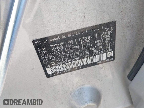 2020 Honda Fit EX with VIN 3HGGK5H85LM714354, listed as a IAAI auction lot 42471207 with 84,333 mi miles and . Bid and sale history available at DreamBid. Image 9.