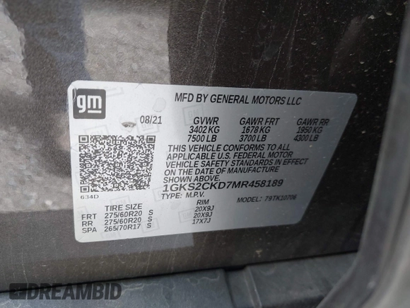 2021 GMC Yukon AT4 with VIN 1GKS2CKD7MR458189, listed as a IAAI auction lot 41893918 with 47,730 mi miles. Bid and sale history available at carsss.com. Image 9.
