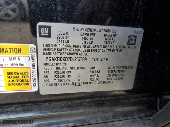 2013 Buick Enclave Premium with VIN 5GAKRDKD7DJ257339, listed as a Copart auction lot 51256755 with 74,090 mi miles and Salvage Title. Bid and sale history available at carsss.com. Image 15.