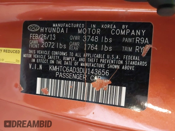 2013 Hyundai Veloster w/Black Int z VIN KMHTC6AD3DU143656, wystawiony jako IAAI lot #42139839 z przebiegiem 121 392 mil mil oraz . Historia ofert i sprzedaży dostępna na DreamBid. Obrazek 9.