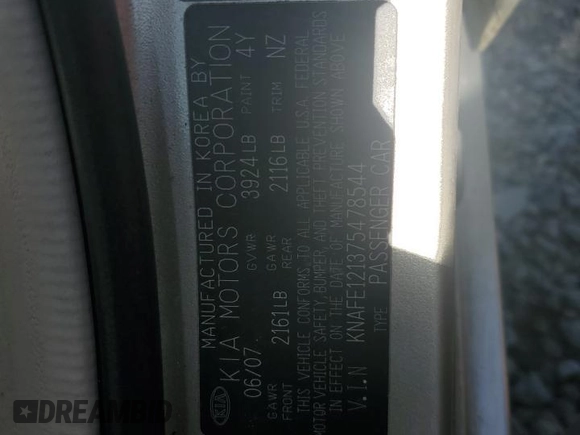 2007 Kia Spectra EX with VIN KNAFE121375478544, listed as a Copart auction lot 51572015 with 200,203 mi miles and Salvage Title. Bid and sale history available at carsss.com. Image 14.