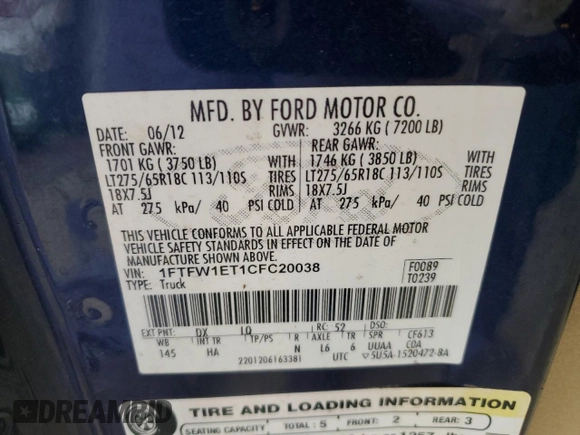 2012 Ford F-150 XL with VIN 1FTFW1ET1CFC20038, listed as a Copart auction lot 44331855 with 93,126 mi miles and Salvage Title. Bid and sale history available at DreamBid. Image 12.