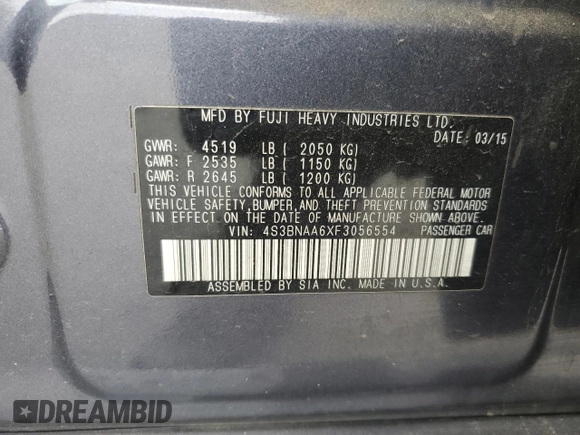 2015 Subaru Legacy 2.5i with VIN 4S3BNAA6XF3056554, listed as a Copart auction lot 53920515 with 73,542 mi miles and Salvage Title. Bid and sale history available at carsss.com. Image 12.