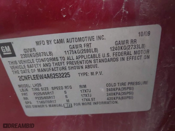2010 Chevrolet Equinox LT w/1LT with VIN 2CNFLEEW4A6253225, listed as a IAAI auction lot 42049189 with 79,633 mi miles. Bid and sale history available at carsss.com. Image 9.