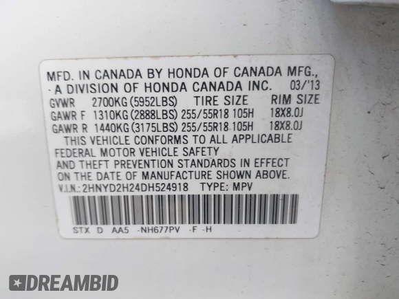 2013 Acura MDX with VIN 2HNYD2H24DH524918, listed as a IAAI auction lot 42602735 with Not provided miles and . Bid and sale history available at DreamBid. Image 9.