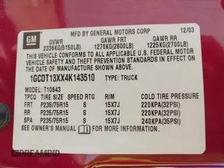 2004 Chevrolet S-10 LS with VIN 1GCDT13XX4K143510, listed as a IAAI auction lot 41933767 with 72,972 mi miles and . Bid and sale history available at DreamBid. Image 9.