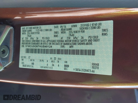 2017 Ford Escape SE with VIN 1FMCU0G97HUB49124, listed as a IAAI auction lot 41775132 with 103,069 mi miles. Bid and sale history available at carsss.com. Image 9.