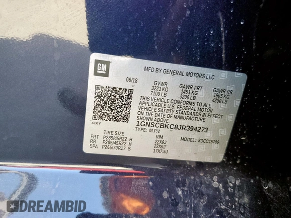 2018 Chevrolet Tahoe LT with VIN 1GNSCBKC8JR394273, listed as a Copart auction lot 57850975 with 169,893 mi miles and Salvage title. Bid and sale history available at DreamBid. Image 13.