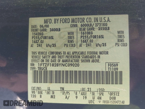 2000 Ford F-150 XL with VIN 1FTZF1828YNC09020, listed as a IAAI auction lot 42034099 with 167,692 mi miles and . Bid and sale history available at DreamBid. Image 9.